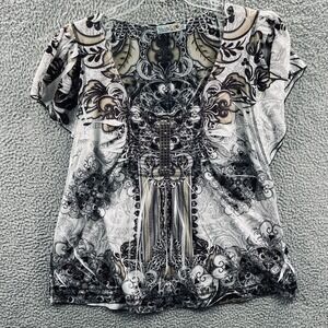 Womens Indie Statement Top 2X Baroque Scroll Graphic Rhinestone Embellished